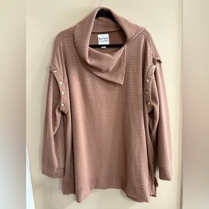 Split Cowl Neck Ribbed Tunic with Button Detail 3X